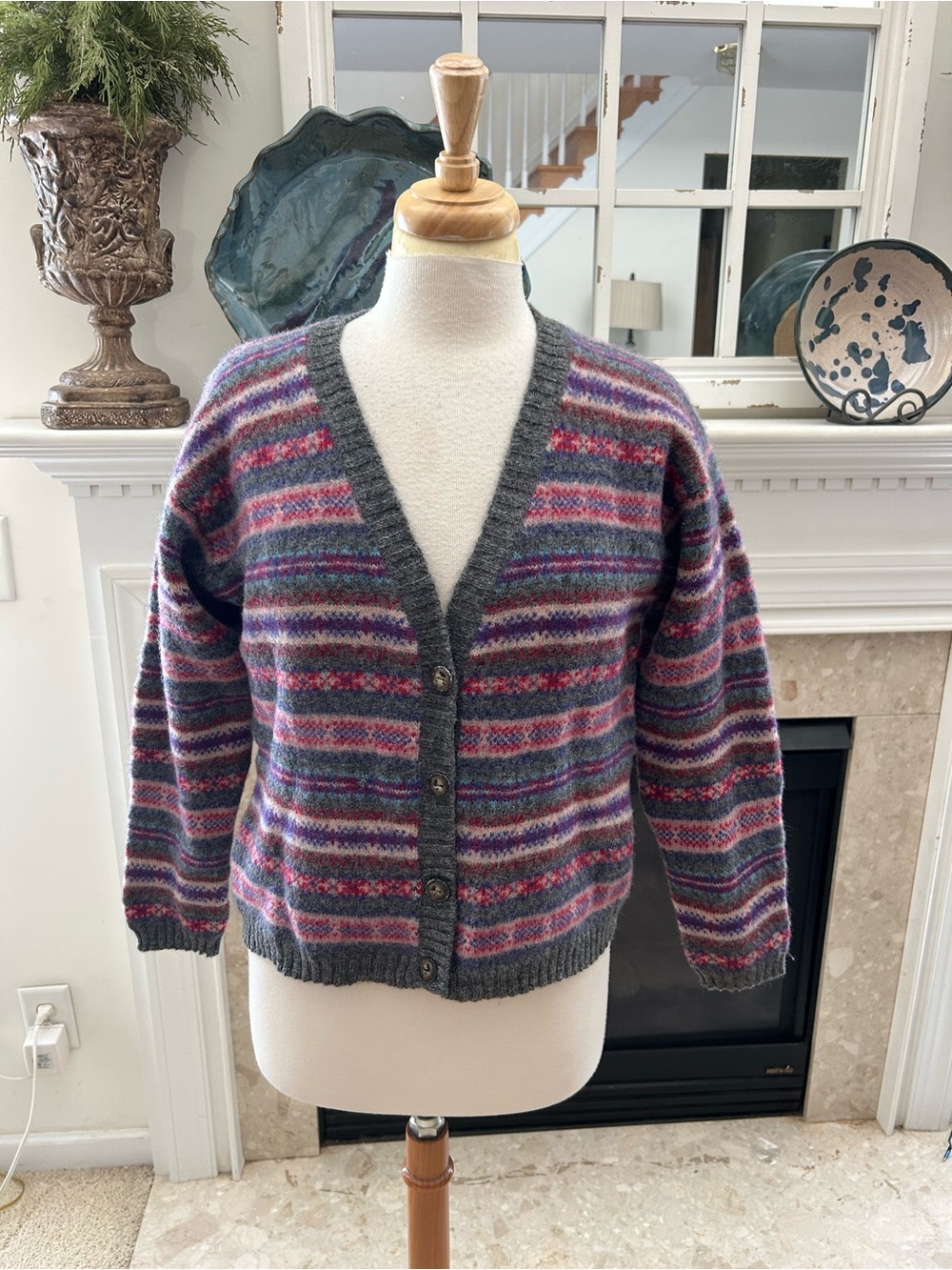 J. Crew 90’s Striped Shetland Wool V-Neck Multi Color Cardigan